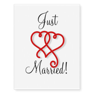 Just Married Two Linked Swirly Red Hearts Temporary Tattoos