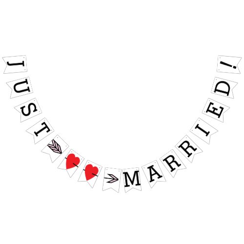 JUST MARRIED Two Red Hearts And Arrow Bunting Flags