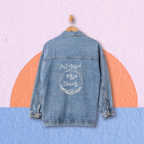 Just Married typography and floral wreath wedding Denim Jacket