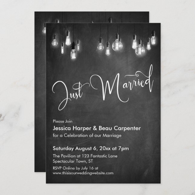Just Married Typography Edison Lights Chalkboard Invitation (Front/Back)