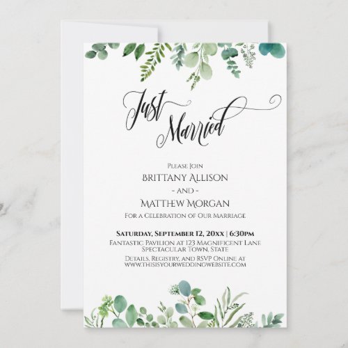 Just Married Typography Eucalyptus Greenery Invitation