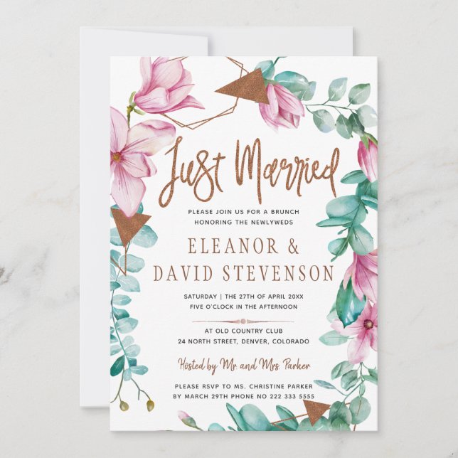 Just married typography floral pink wedding brunch invitation (Front)
