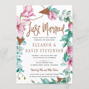 Just married typography floral pink wedding brunch invitation