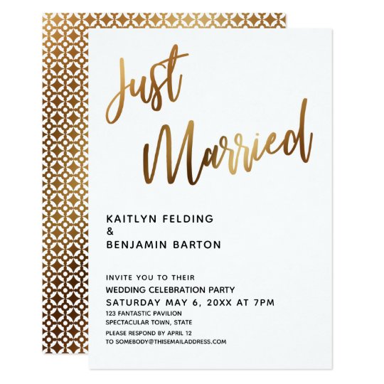 Just Married Typography Gold Wedding Reception Invitation