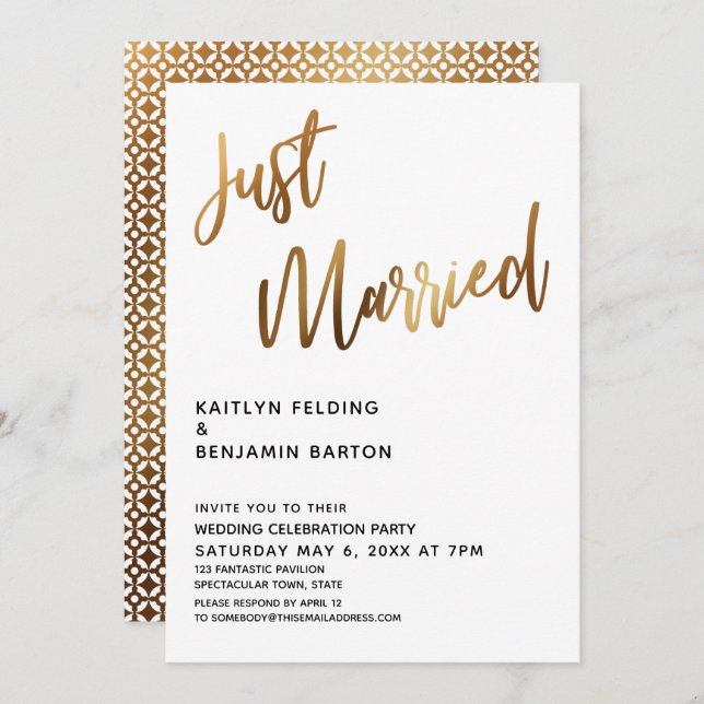 Just Married Typography Gold Wedding Reception Invitation (Front/Back)