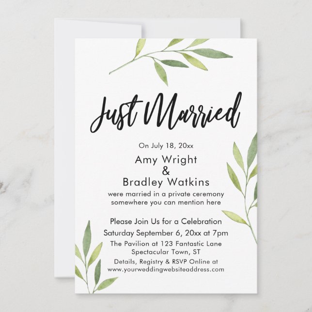 Just Married Typography Green Watercolor Foliage Invitation (Front)