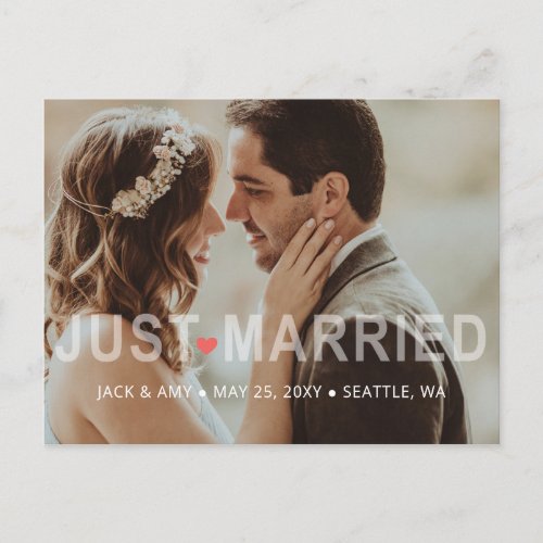 Just Married Typography Photo Wedding Announcement Postcard