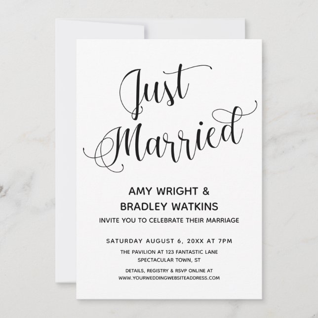 Just Married Typography Post-Wedding Reception Invitation (Front)