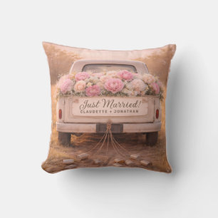 Just Married Vintage Truck Blush Floral Wedding Throw Pillow