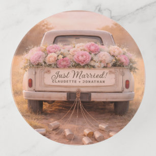 Just Married Vintage Truck Blush Floral Wedding Trinket Tray