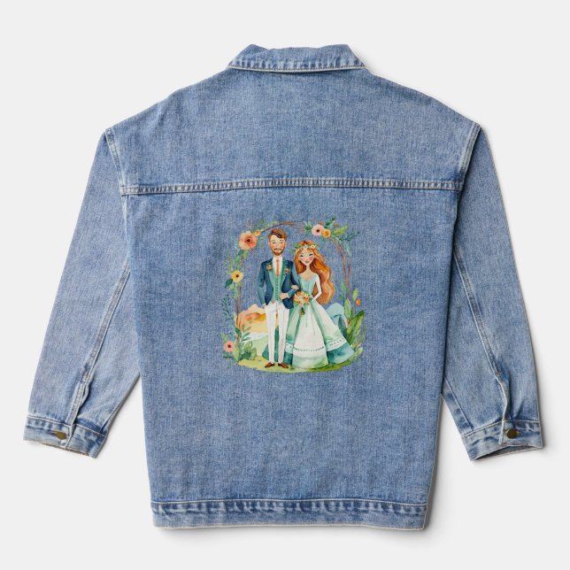 just married watercolor couple design denim jacket (Back)