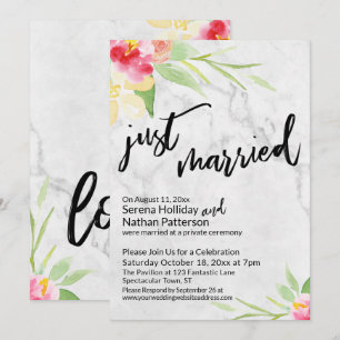 Just Married Watercolor Flowers & Gray Marble Invitation