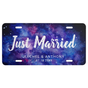 Just Married Watercolor Galaxy Starry Night Sky License Plate