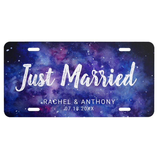 Just Married Watercolor Galaxy Starry Night Sky License Plate (Front)