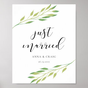 Just married Watercolor green leaves wedding sign