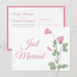 Just Married Watercolor Pink Floral Wedding Announcement Postcard