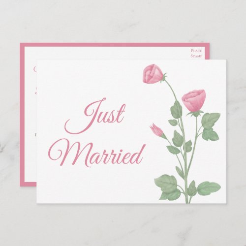 Just Married Watercolor Pink Floral Wedding Announcement Postcard