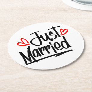 Just Married Wedding Announcement Red Hearts Black Round Paper Coaster