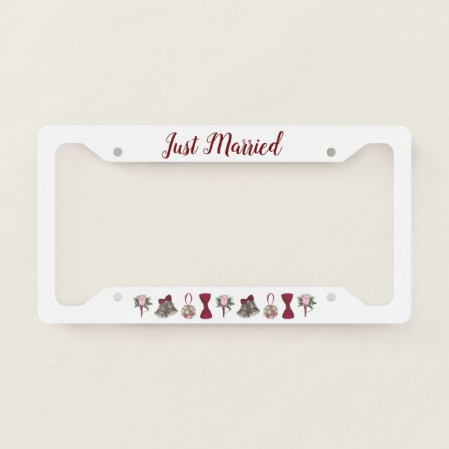 Just Married Wedding Bells Flowers Bow Bride Groom License Plate Frame (Front)