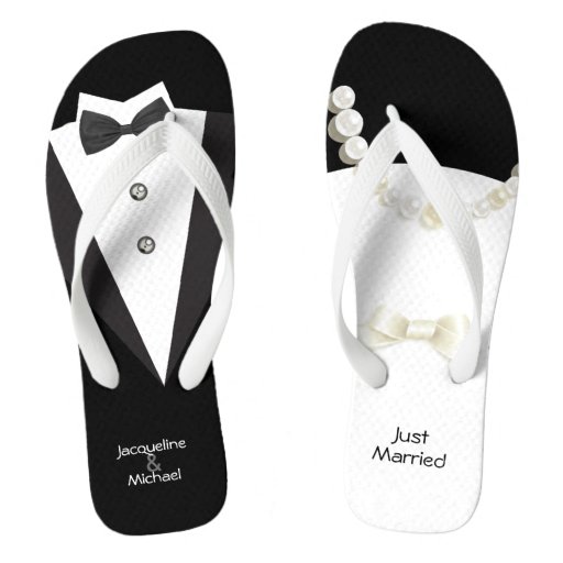 Just Married wedding Bride & Groom Flip Flops | Zazzle