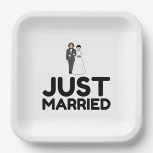JUST MARRIED WEDDING BRIDE GROOM PAPER PLATES