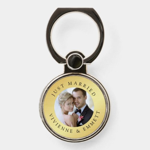 Just Married Wedding Couple Photo Gold Phone Ring Stand