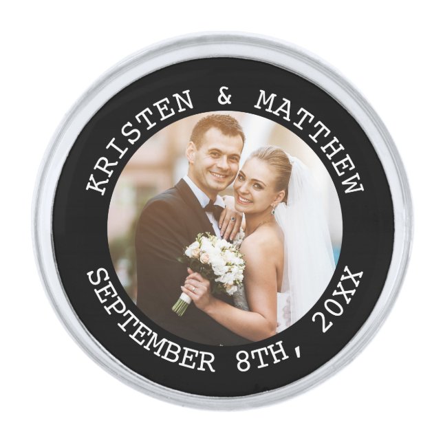 Just Married Wedding Couple Photo Silver Finish Lapel Pin (Front)