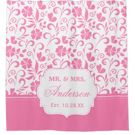 Just Married Wedding Date Floral Preppy Pink Shower Curtain