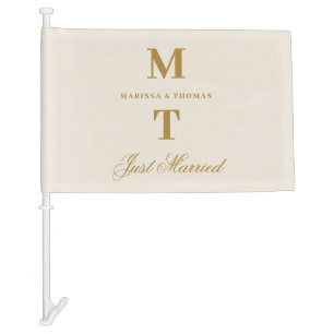 Just Married Wedding Ivory Gold Monogram Banner Car Flag