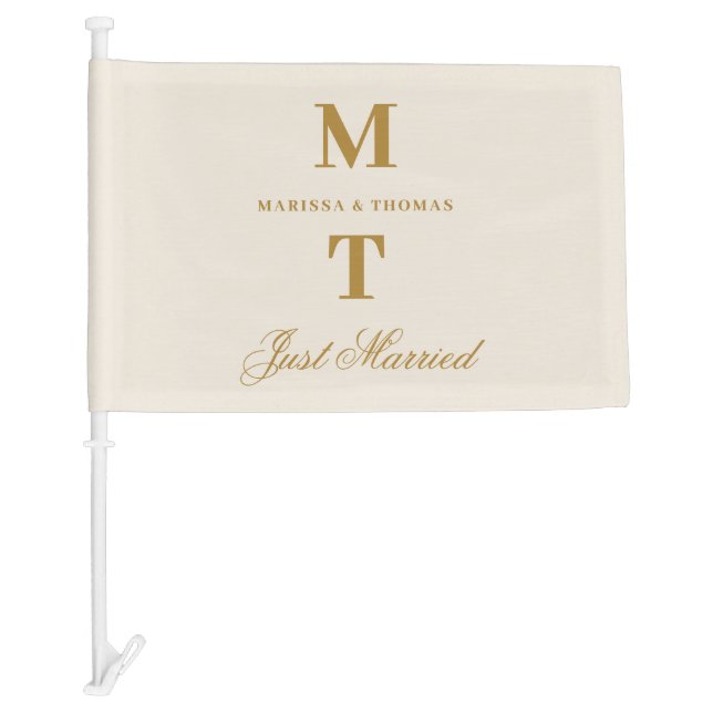 Just Married Wedding Ivory Gold Monogram Banner Car Flag (Front)