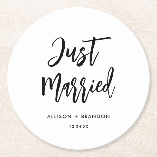 Just Married Wedding Reception Bar Round Paper Coaster (Front)