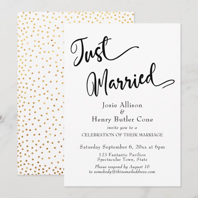 Just Married Wedding Reception, Gold Confetti Invitation (Front/Back)