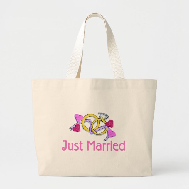 Just Married Wedding Rings Large Tote Bag (Front)