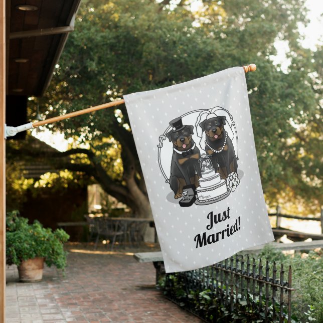 Just Married Wedding Rottweilers Dogs Cute House Flag (In SItu)