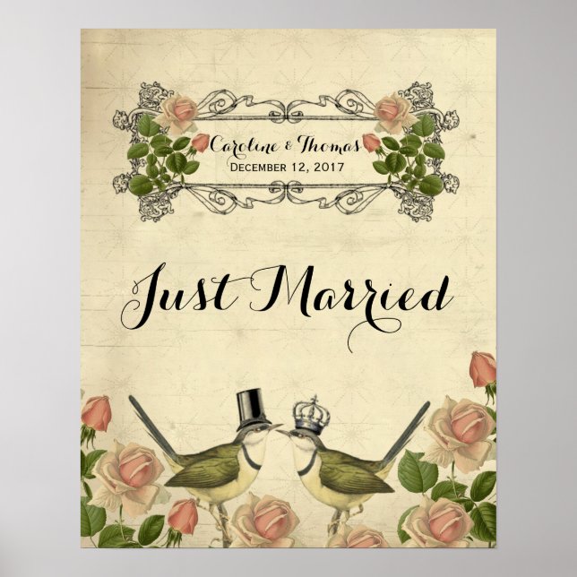 just married wedding sign poster lovebirds (Front)