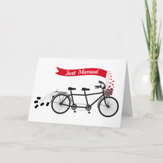 Just married, wedding tandem bicycle announcement