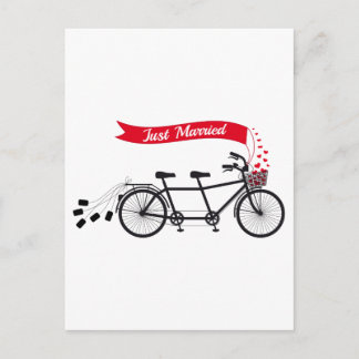 Just married, wedding tandem bicycle announcement postcard