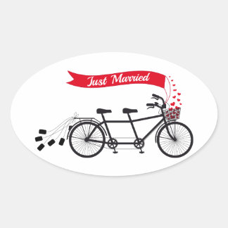 Just married, wedding tandem bicycle oval sticker