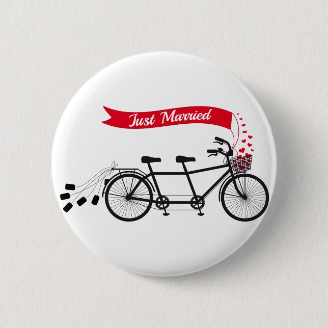 Just married, wedding tandem bicycle pinback button (Front)