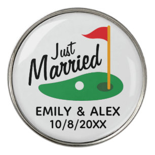 Just Married Wedding with Custom Names & Date Golf Ball Marker