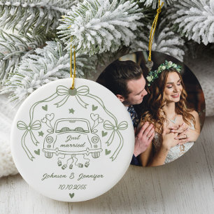 Just Married Whimsical Bow Personalized Photo Ceramic Ornament