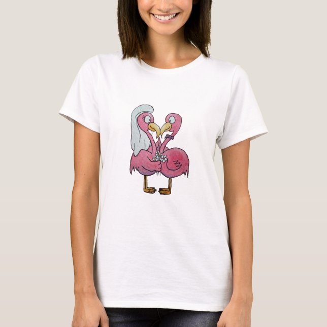 Just Married Whimsical Pink Flamingo Couple T-Shirt (Front)