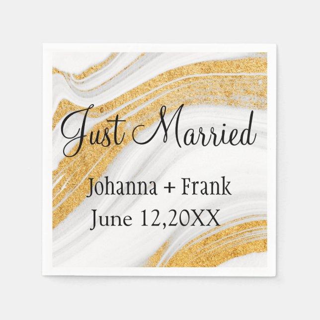 Just Married White and Gold Agate Napkins (Front)