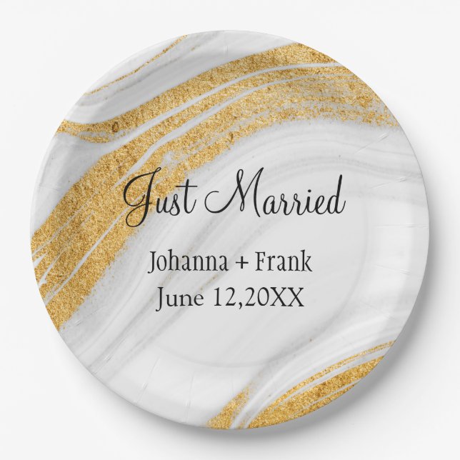 Just Married White and Gold Agate Paper Plates (Front)