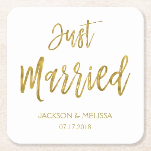 Just Married White and Gold Foil Coasters