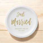 Just Married White and Gold Foil Paper Plates<br><div class="desc">Just Married White and Faux Gold Foil Paper Plates which are perfect for a Black and Gold Wedding Reception.The custom napkins allow the ability to update the bride and grooms name and wedding date.</div>