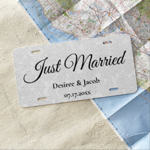 Just Married White Black Simple Elegant Wedding License Plate