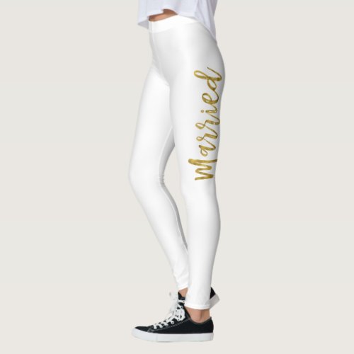 Just Married White  Gold Faux Foil Yoga Pants