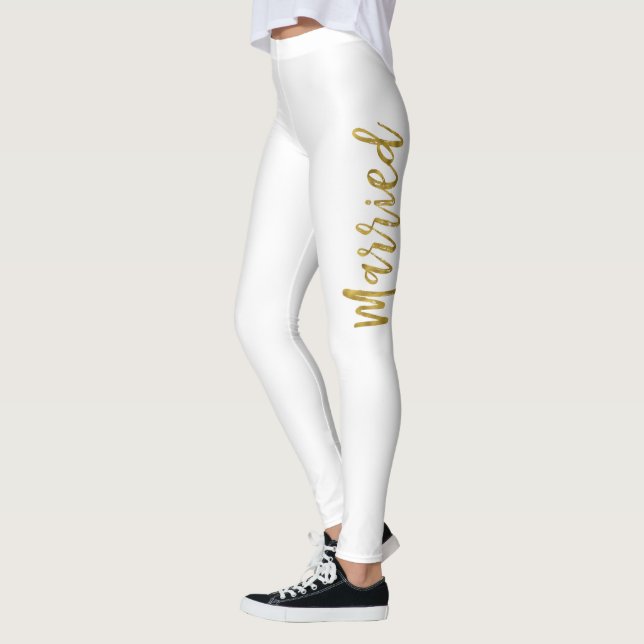 Just Married White & Gold Faux Foil Yoga Pants (Left)