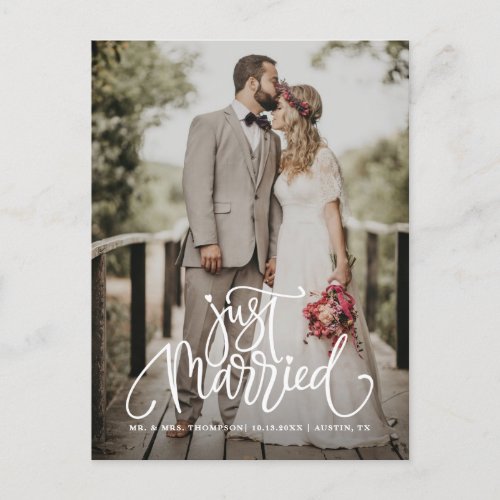 Just Married White Lettering Overlay Photo Announcement Postcard